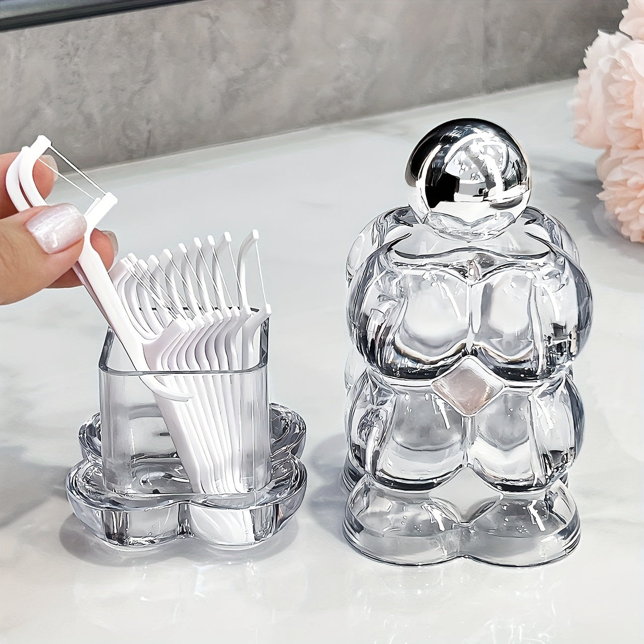 Luxurious Plastic Toothpick Holder with Elegant Round Bead Design - Ideal Dispenser for Home Use, Sophisticated Organizer for Cotton Swabs with Transparent Appearance, Stylish Container for Dental Floss Storage (1 Piece)