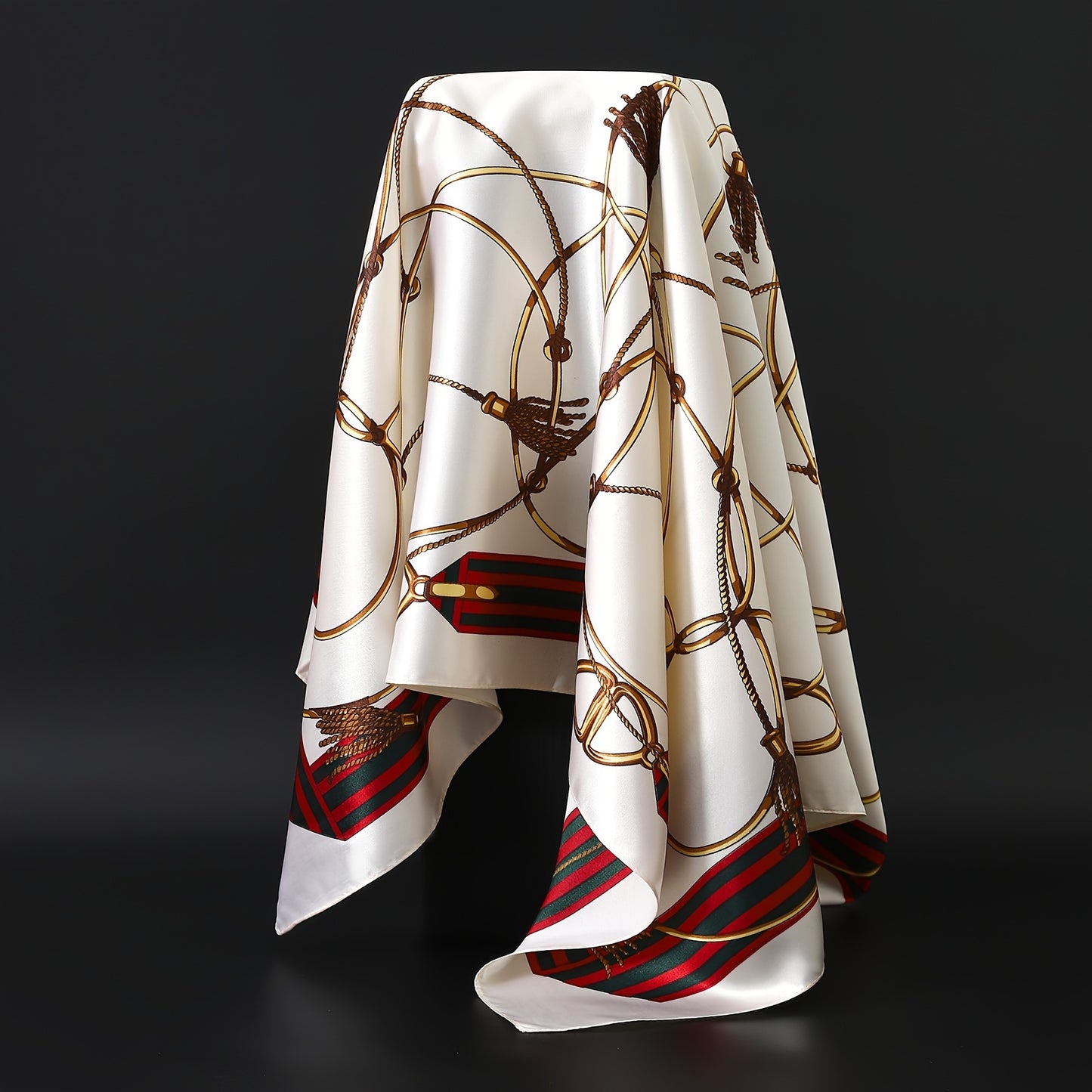 Luxury polyester square scarf for women, 90x90cm, with a fashionable printed design. Ideal for all seasons, outdoor wear, air conditioning rooms, and as a decorative accessory. Non-stretch