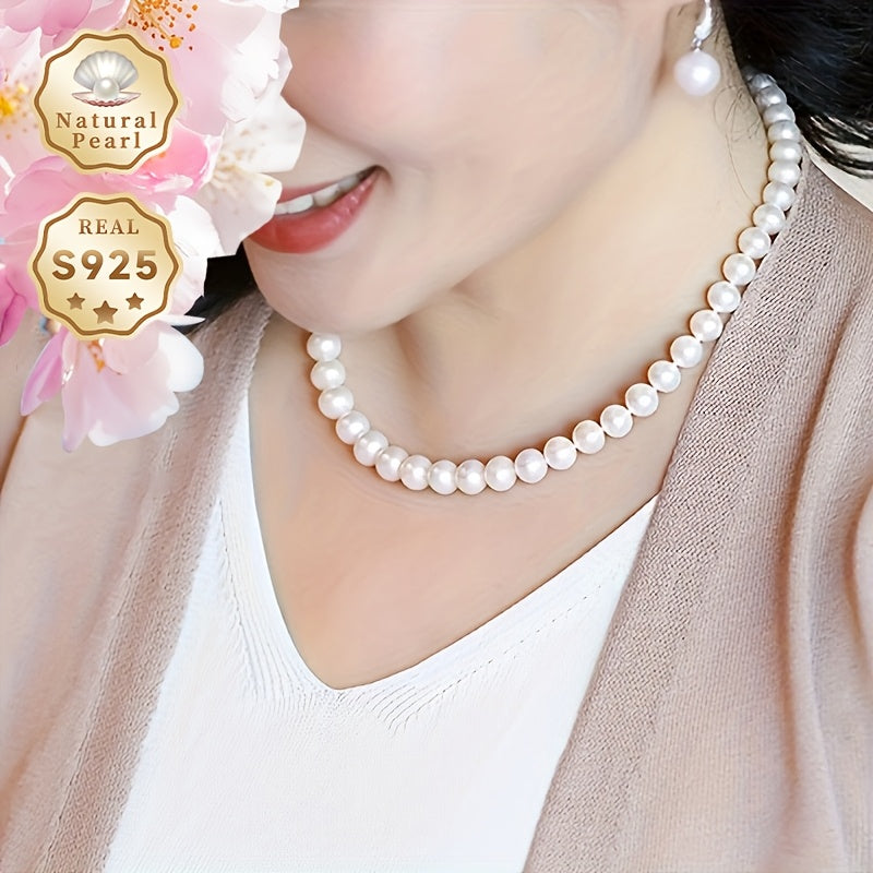 Elegant MUFAN Vintage Luxury Pearl Necklace with 9-10mm Natural Freshwater Pearls and S925 Sterling Silver, Perfect for June Birthdays and Special Occasions, Non-Plated Design, Comes in a Beautiful Jewelry Gift Box