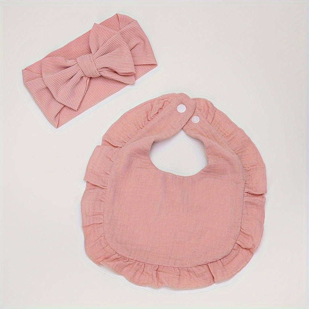 Set of 2 includes a lotus leaf bib and an elastic bow headband. The set also includes a plain color soft bib with snap button closure.