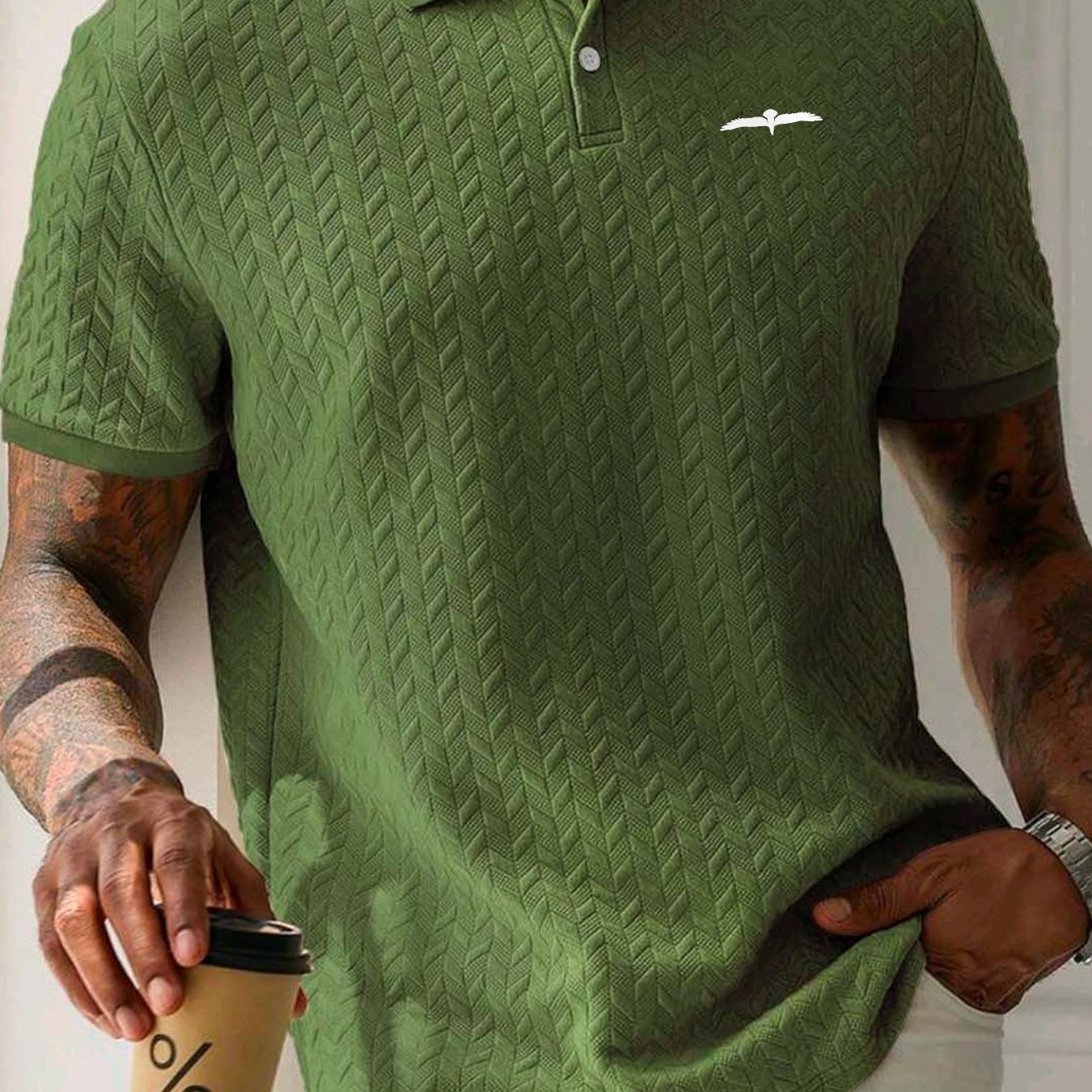 Men's polo shirt with eagle print, short sleeves, and slight stretch. Ideal for summer sports and leisure.