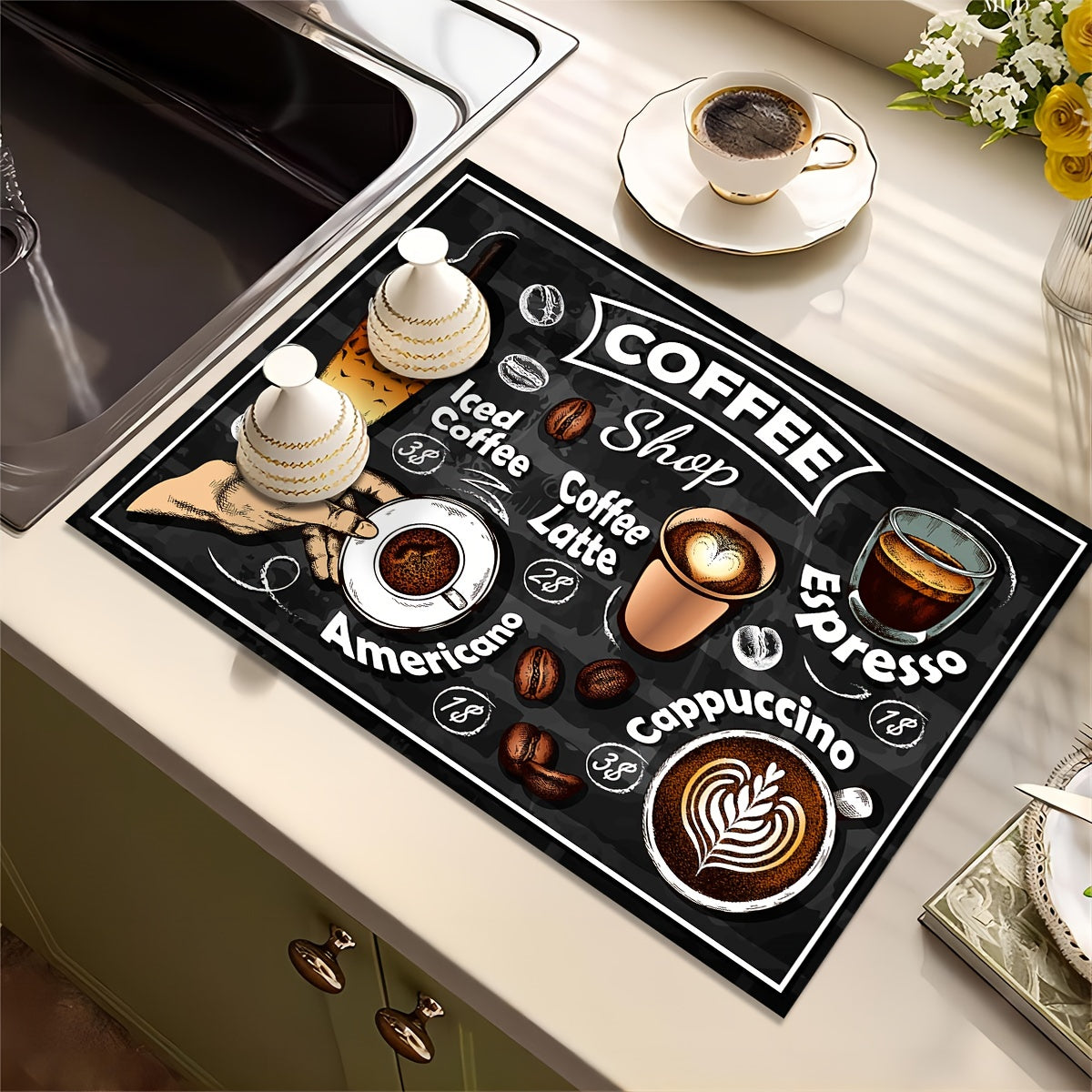 Retro Coffee Patterns 1pc Coffee Pad Set: Keep Your Coffee Bar Moisture-Proof and Stylish with Absorbent Rubber Dishwashing Pads, Placemats, and Countertop Protectors - Perfect for Coffee Machines and Kitchen Accessories!