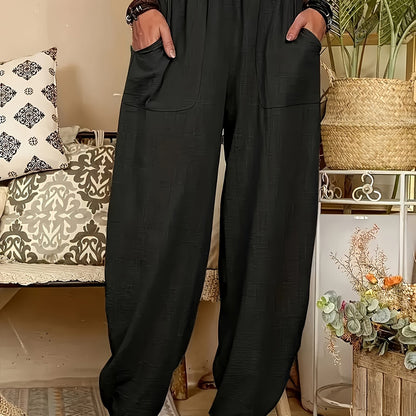 Polyester harem pants with elastic waist, pockets, and machine washable. Suitable for all seasons and plus size.