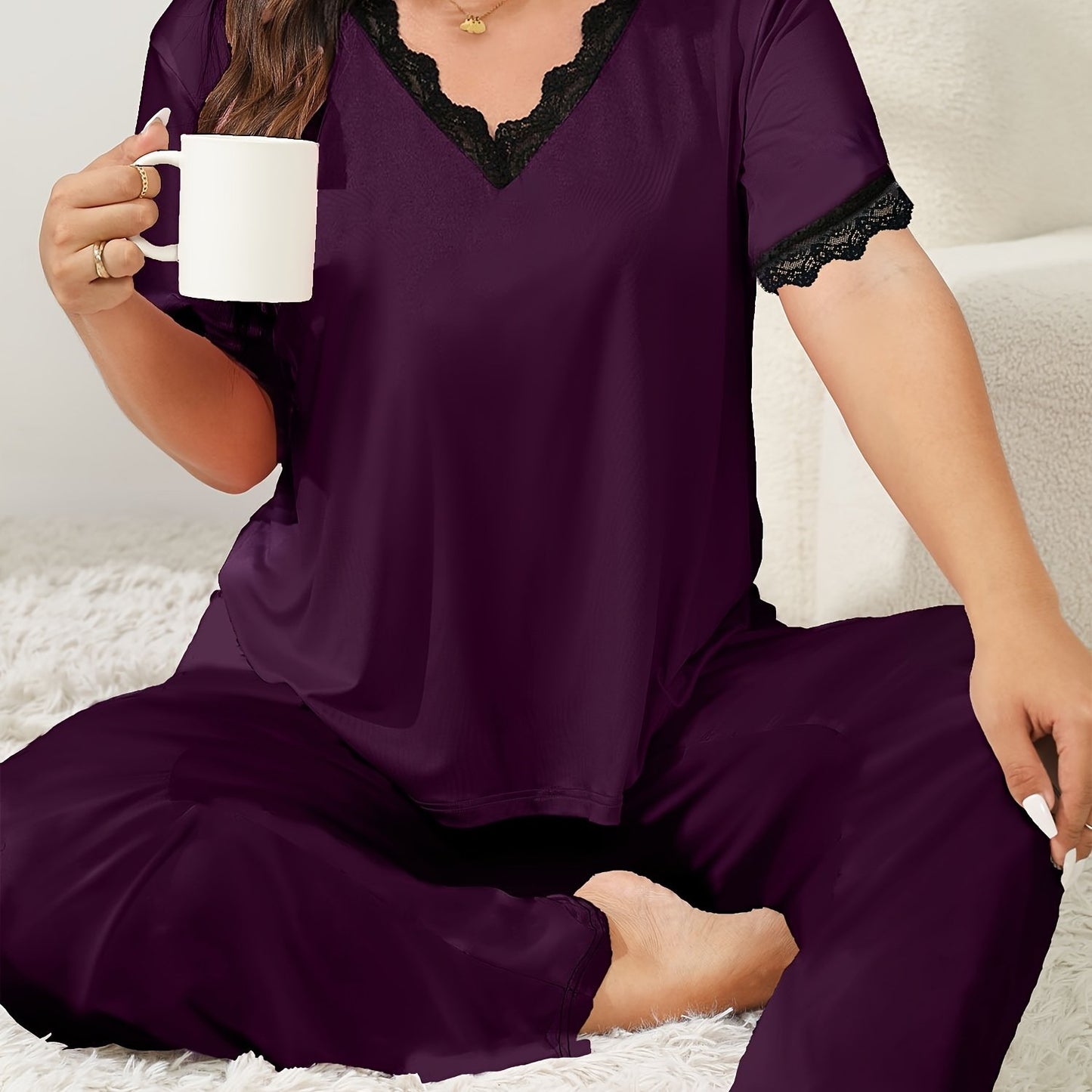 Stylish plus size V-neck pajama set with lace trim, made of polyester knit, suitable for all seasons; available in plaid and pants set.