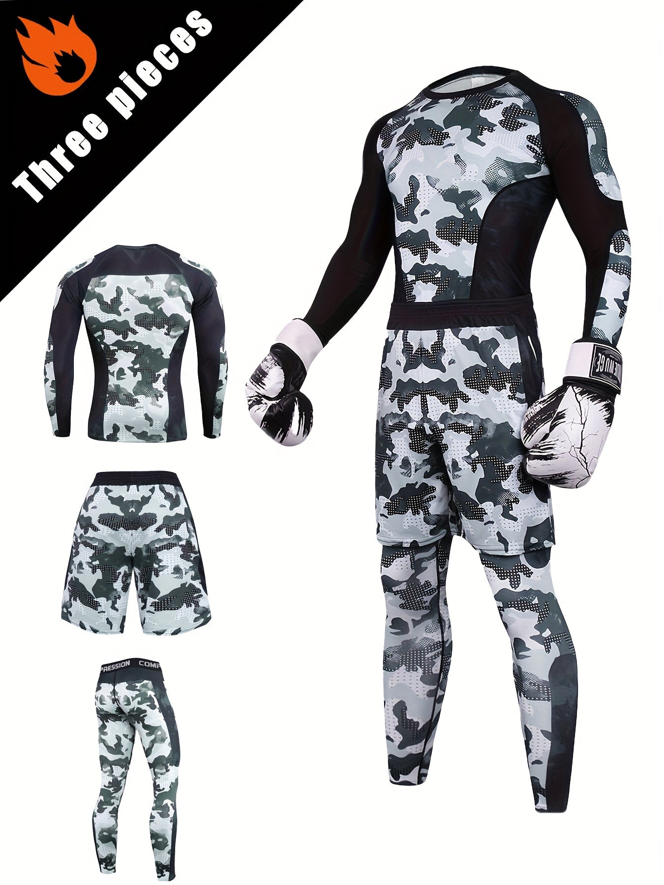 Men's camo compression set includes long sleeve top, shorts, and leggings for outdoor and training.