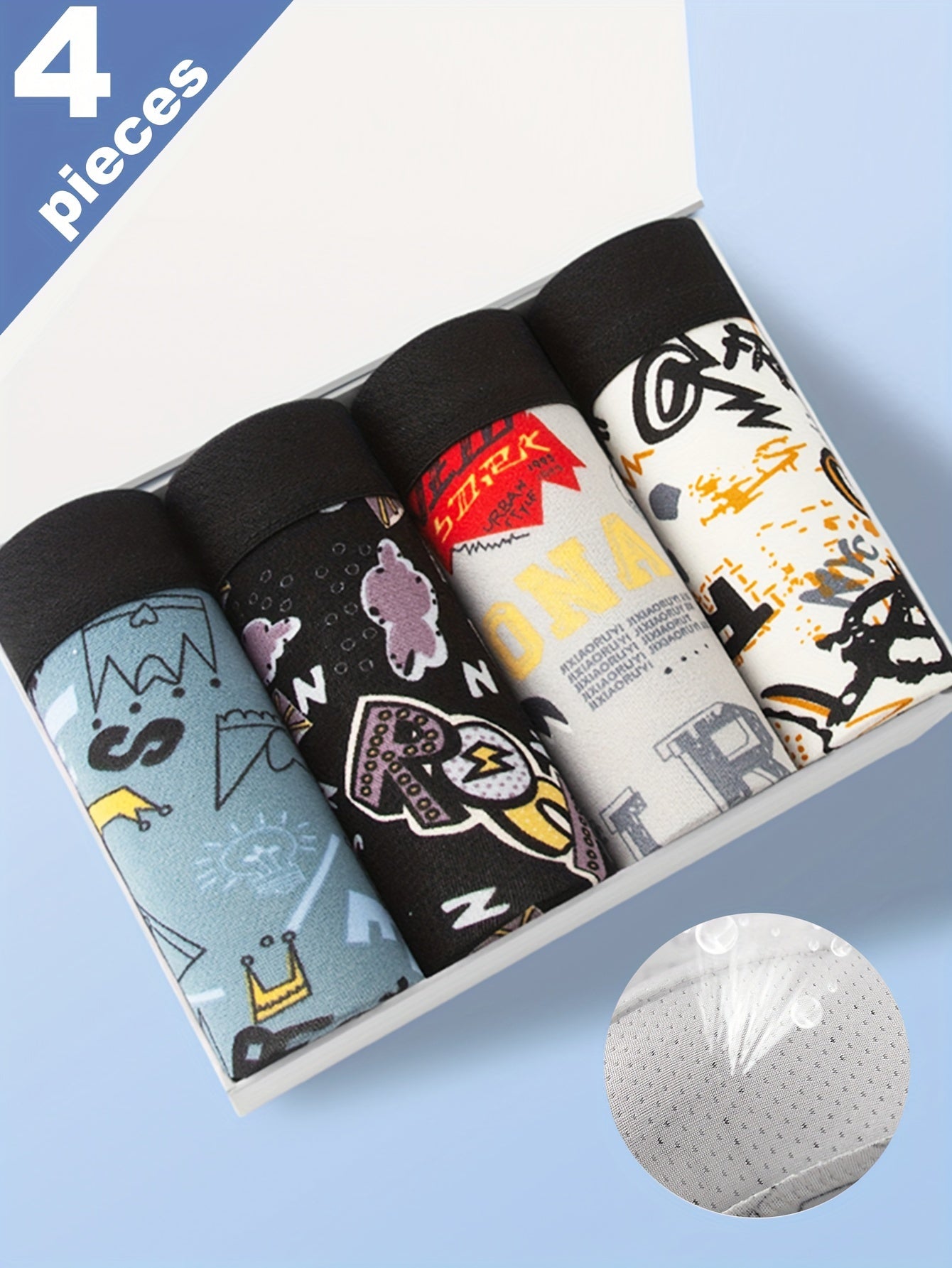 Men's 4 pack of boxer briefs with random print design, ideal for everyday wear. Casual, breathable, and stretchy.