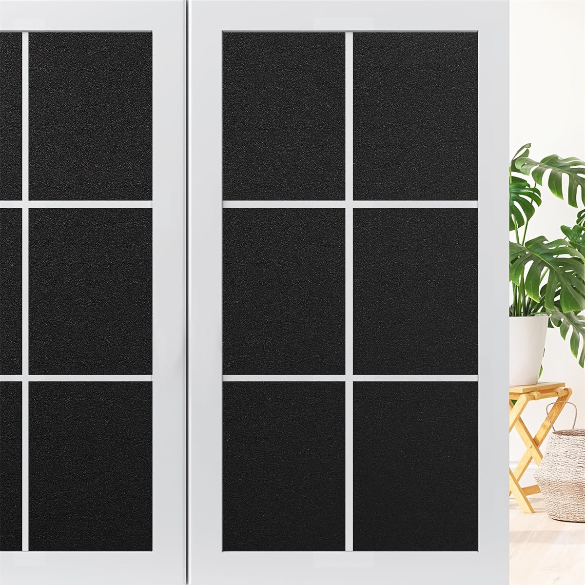 1 Roll of Electrostatic Glueless Glass Window Film in Black Frosted Decorative Art Design. Perfect for Living Room, Office, or Home Decor. Provides Privacy and is Water Resistant.