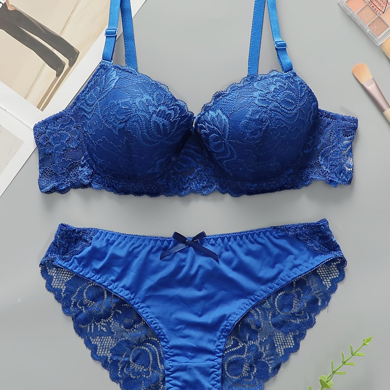 Lace Push-Up Bra & Thong Set - Ultra-Thin, Underwire Support, Non-See-Through Nylon Blend