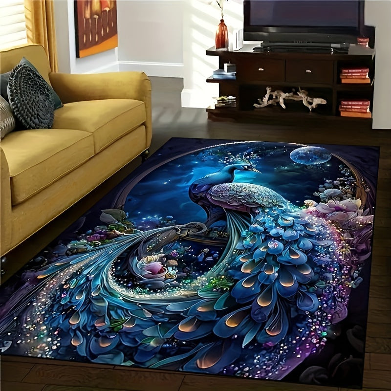 1 piece Vibrant Peacock Pattern Area Rug - Non-Slip, Machine Washable Polyester Rug with Luxurious Crystal Velvet Texture - Ideal for Gaming Rooms, Dorms, Teenage Bedrooms & Halloween Decor, Peacock Theme