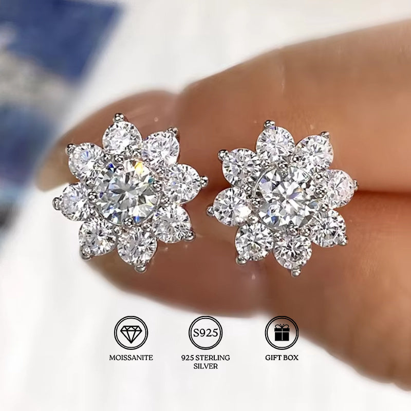 Elegant Spark Grow Moissanite Flower Earrings crafted from 925 Sterling Silver. These hypoallergenic earrings are perfect for all seasons and can be worn daily or for special occasions. Each pair comes in a beautiful gift box and weighs 3.1/4.2/6/6.6g.