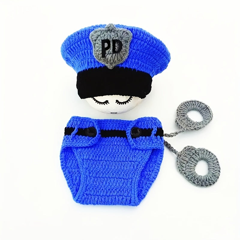 Perfect for Newborn Photo Shoots, this charming set features an adorable blue policeman hat and shorts.