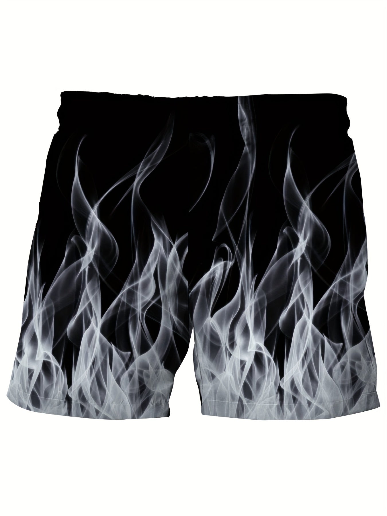 Large men's flame print beach shorts with Hawaiian style, breathable and casual for streetwear or swimming.