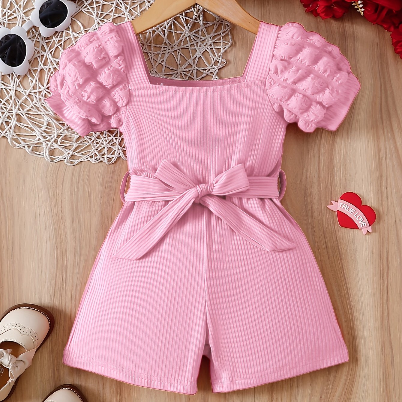 Chic short bubble sleeve romper with belt for Spring/Summer