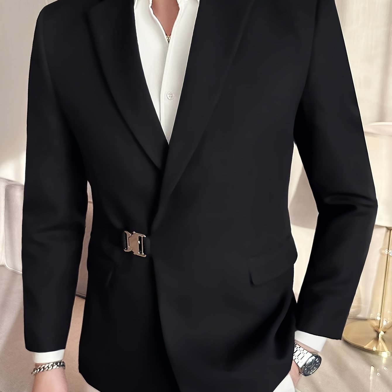 Men's sleek casual suit jacket with metallic side buckle and high-end design.