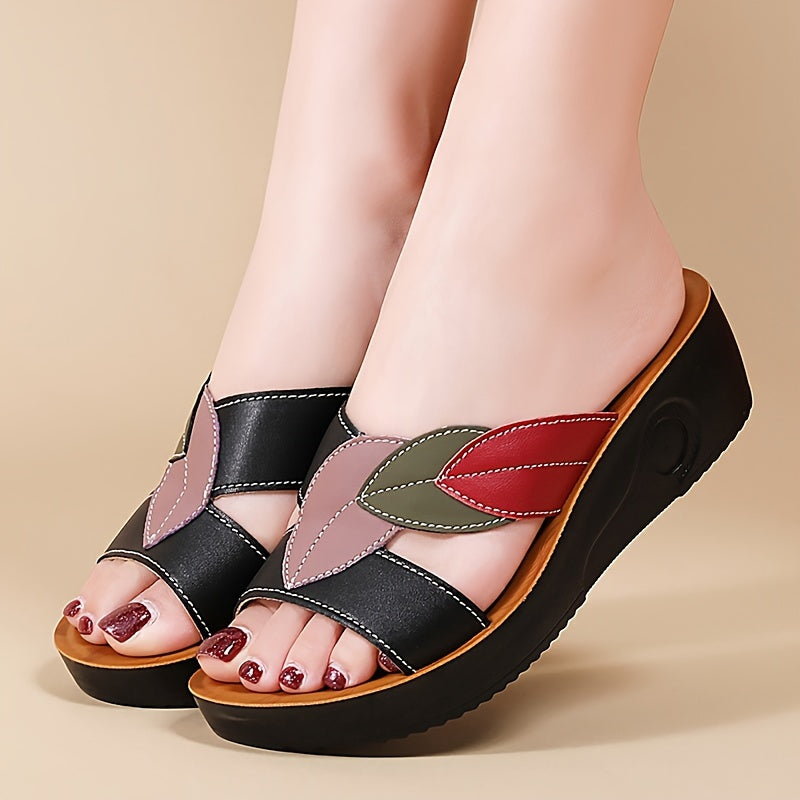 Women's Leaf Design Sandals with Platform Sole and Comfortable Wedge Slides for Summer Walks.