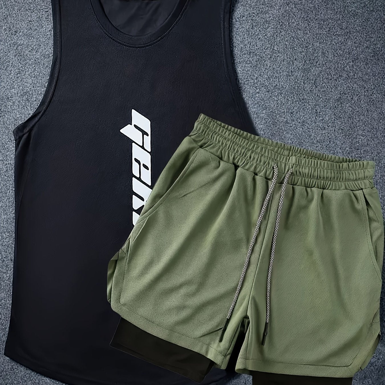 Men's stylish summer co-ord set includes letter print tank top and drawstring shorts, perfect for fitness and training.