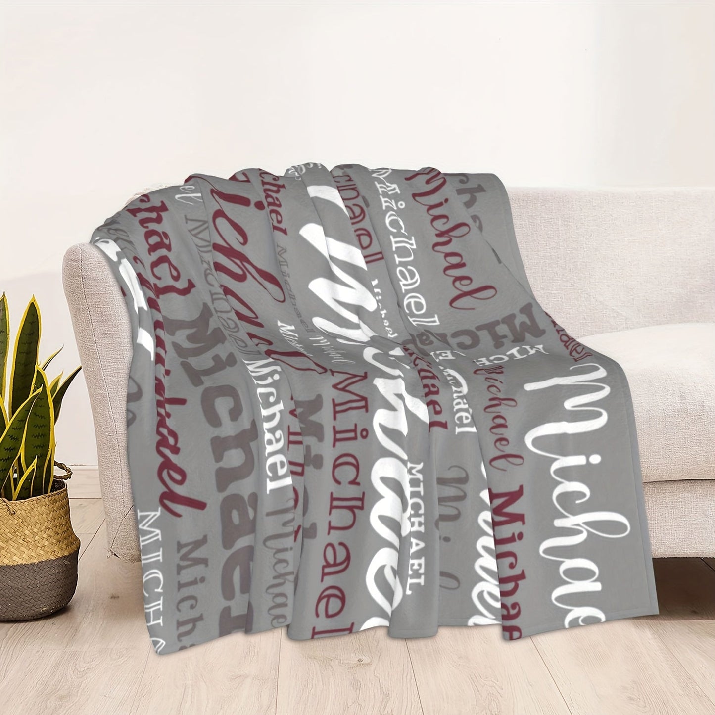 Personalized Big Name Blanket by QOGOER made from an ultra-soft 100% polyester flannel knit fabric, featuring high-quality digital printing in a mixed color design that is suitable for all seasons.