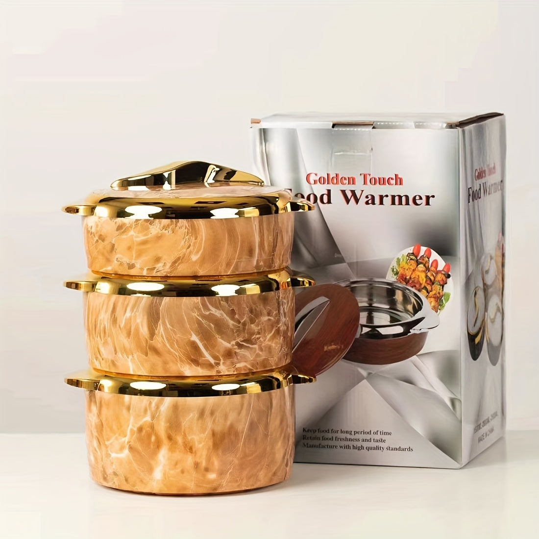 Golden Touch Food Warmer set includes 3 pieces of thermal casserole dishes with lids in sizes 1.5L, 2L, and 2.5L. The insulated stainless steel containers are suitable for hot and cold