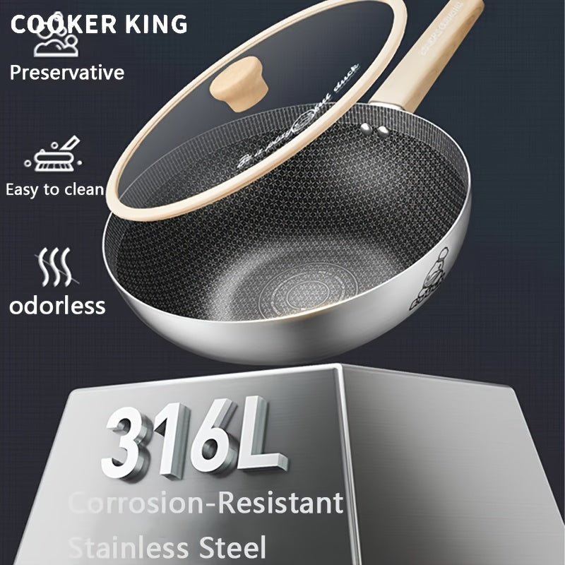 The COOKING KING Non-Stick Stainless Steel Wok Pan with Lid is PFOA Free and safe to use in the dishwasher and oven. It is also compatible with induction cooktops, making it a perfect choice for home kitchens.