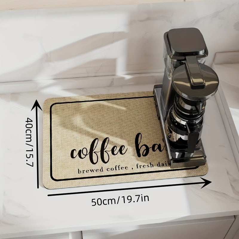 Keep your kitchen clean with the "Coffee Lover" Quick-Dry Coffee Mat, designed with hidden stain absorption and a rubber backing. Perfect for your kitchen counter or coffee bar, this mat is ideal for use with espresso machines and coffee mugs.