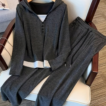 Hooded knit tracksuit set for plus size women, solid color with faux button detail, polyester blend, Fall 2024 Collection.