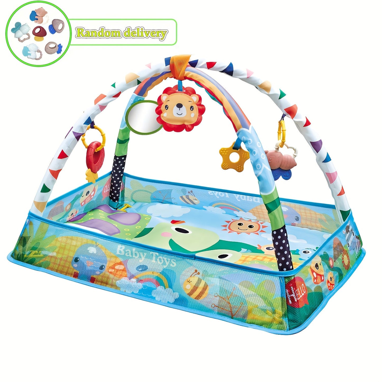 Colorful home play mat featuring an activity gym, ball pit, and sensory playmat. Safe and durable construction for endless hours of play.