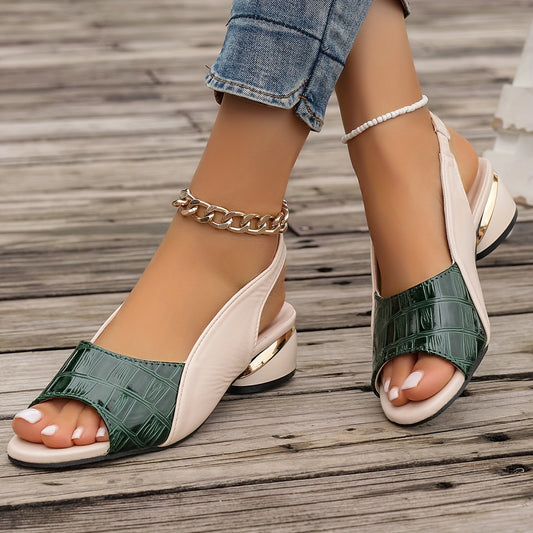 Chunky heel sandals with open toe, ankle strap, and slingback design.