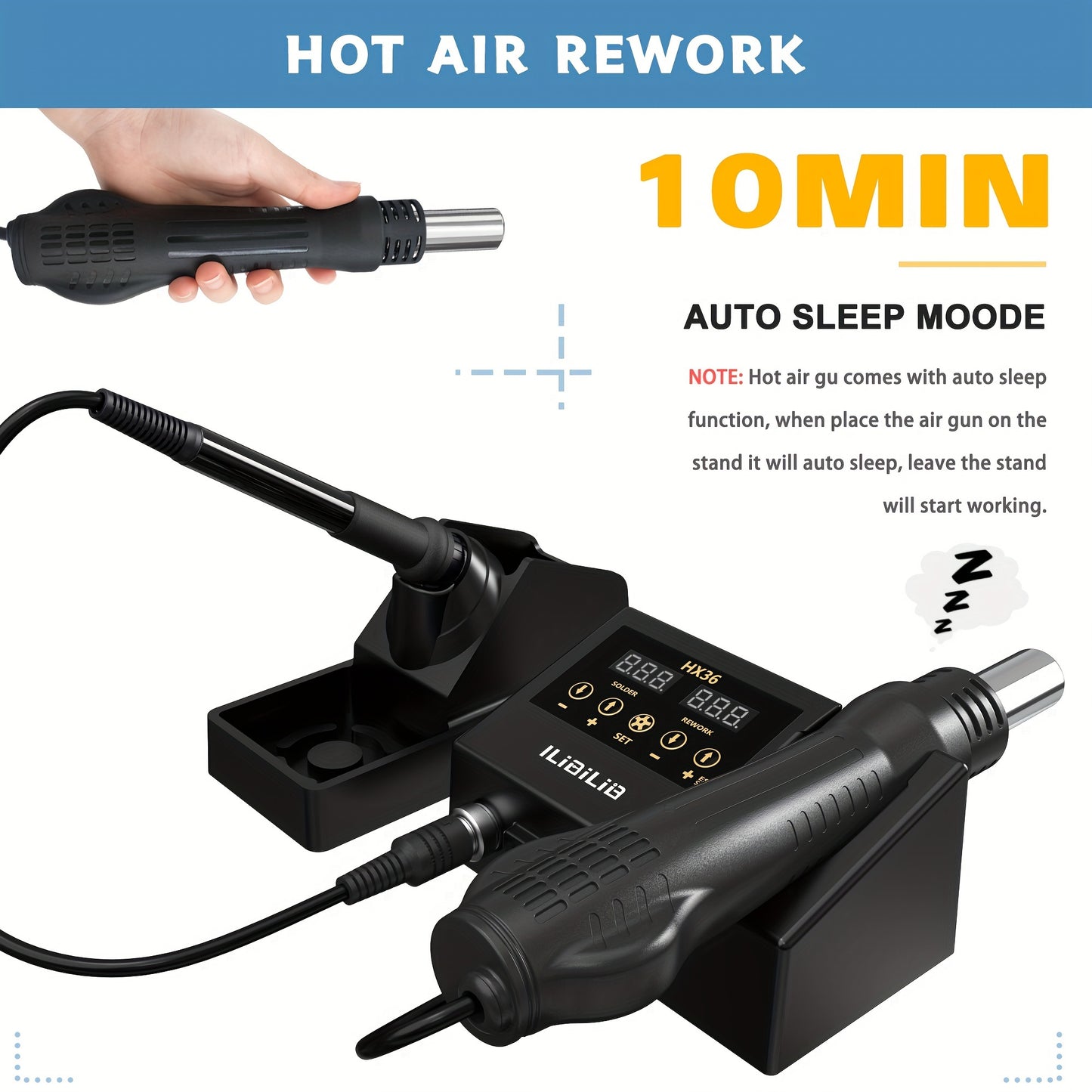 ILIBILIB 2-in-1 Rework Soldering Station Kit: SMD Hot Air & Iron Combo with Digital Temperature Control, 3 Heat Gun Nozzles, 2 Anti-Static Tweezers, Slip-Resistant ABS Design - Ideal for