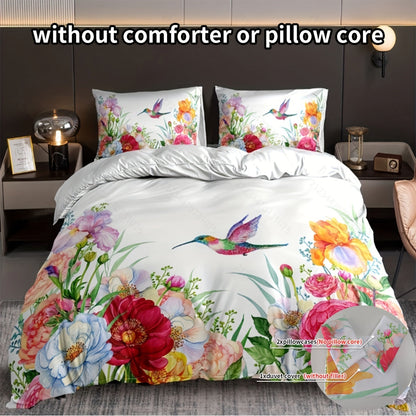 Set of 3 Duvet Covers with Floral Bird Print, Soft and Breathable Bedding Set for Bedroom or Guest Room. Includes 1 Duvet Cover and 2 Pillowcases (Does not include core).