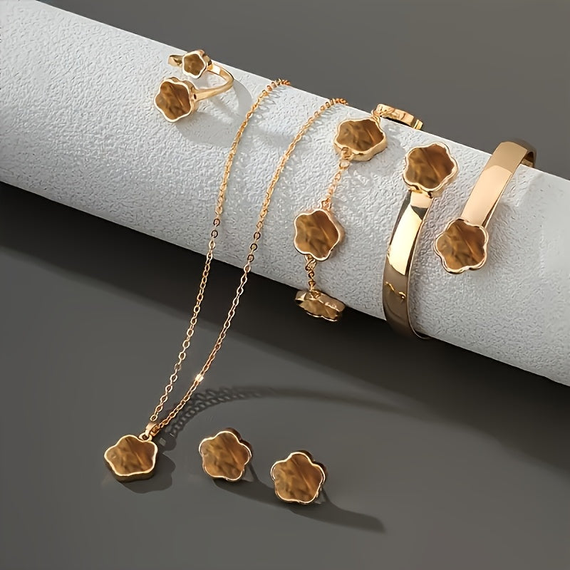 5-piece 2025 New Fashion Flower Jewelry Set for Women, including necklace, bracelet, earrings, ring, and bangle. Light luxury vintage style, ideal for various special occasions.