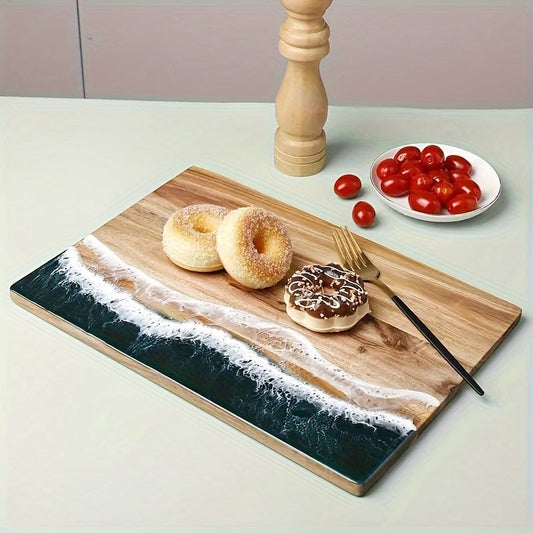 Get your hands on the stylish Wavy Resin Acacia Wood Cutting Board for home use. This creative cutting board is safe for food contact and perfect for slicing fruits and vegetables. Its unique wave design adds a touch of elegance to your kitchen, making