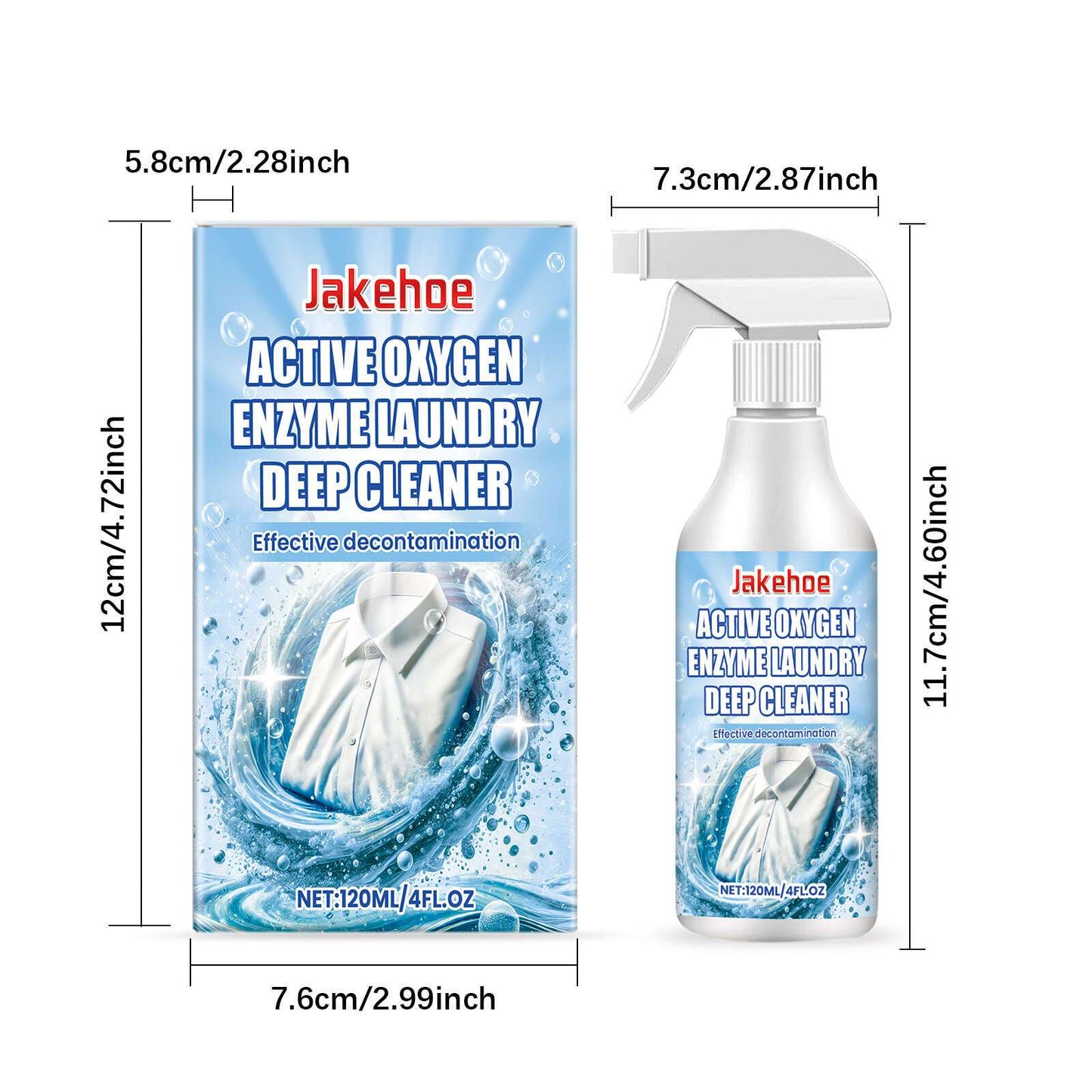 Jakehoe Active Oxygen Enzyme Laundry Deep Cleaner, 120ml size, enhanced with Sodium Bicarbonate for fabric cleaning effectiveness. This smokeless liquid detergent is perfect for removing stains and dirt, with added decontamination spray for a deeper