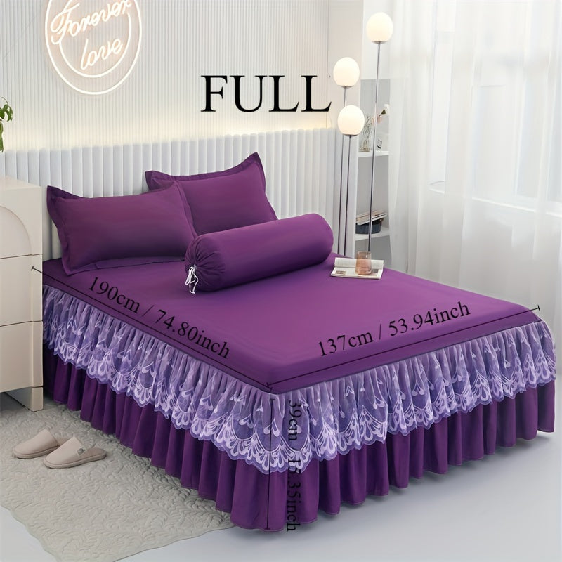 Chic 3-Piece Bed Skirt Set Featuring Double Layer Lace - Comes with 1 Bed Skirt and 2 Pillowcases, in a Solid Color. Non-Slip and Perfect for All Seasons, this Set is Machine Washable for easy care.