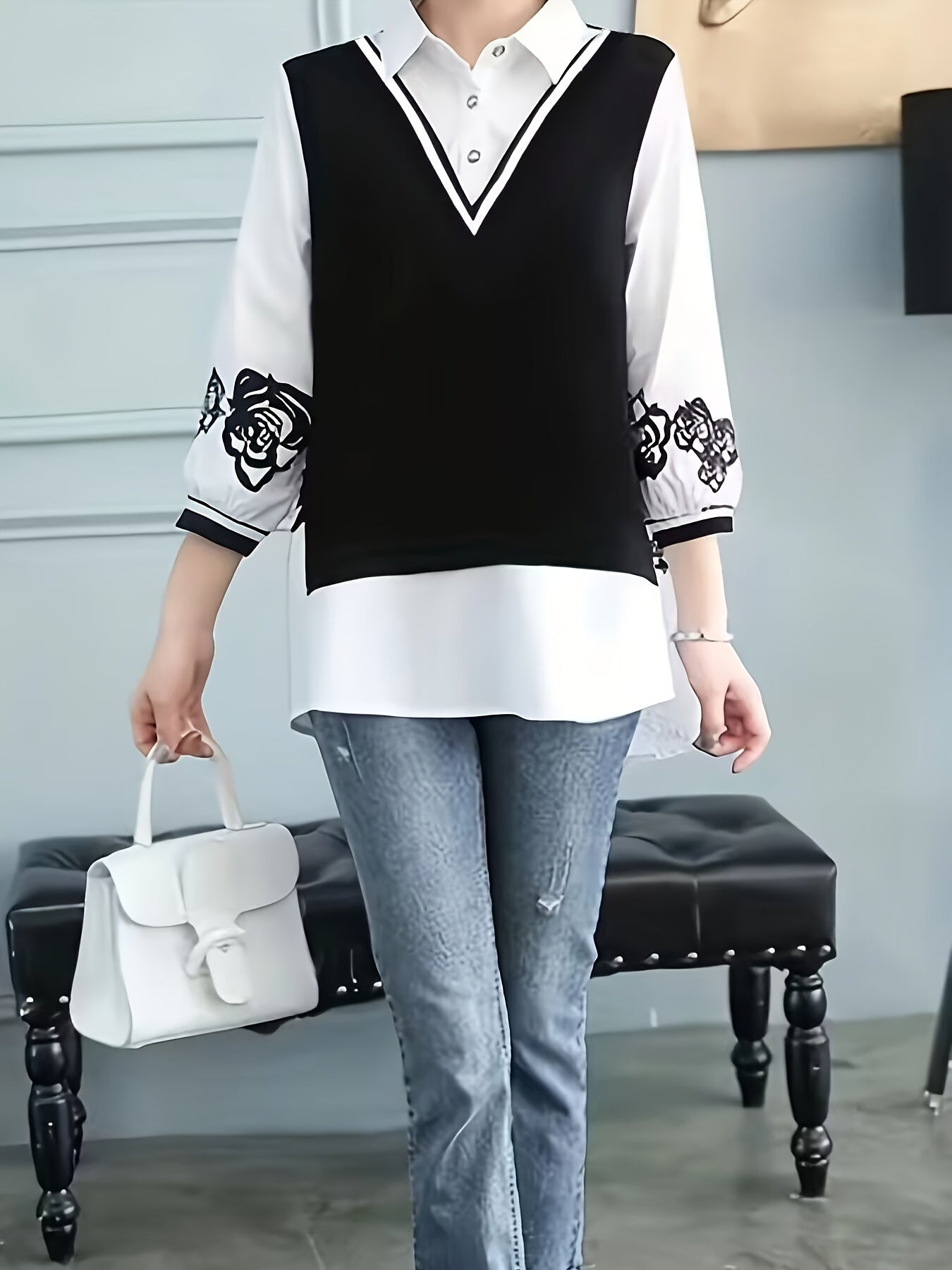 Stylish white and black chiffon shirt with random print design, featuring a unique fake two-piece design for a high-end look.