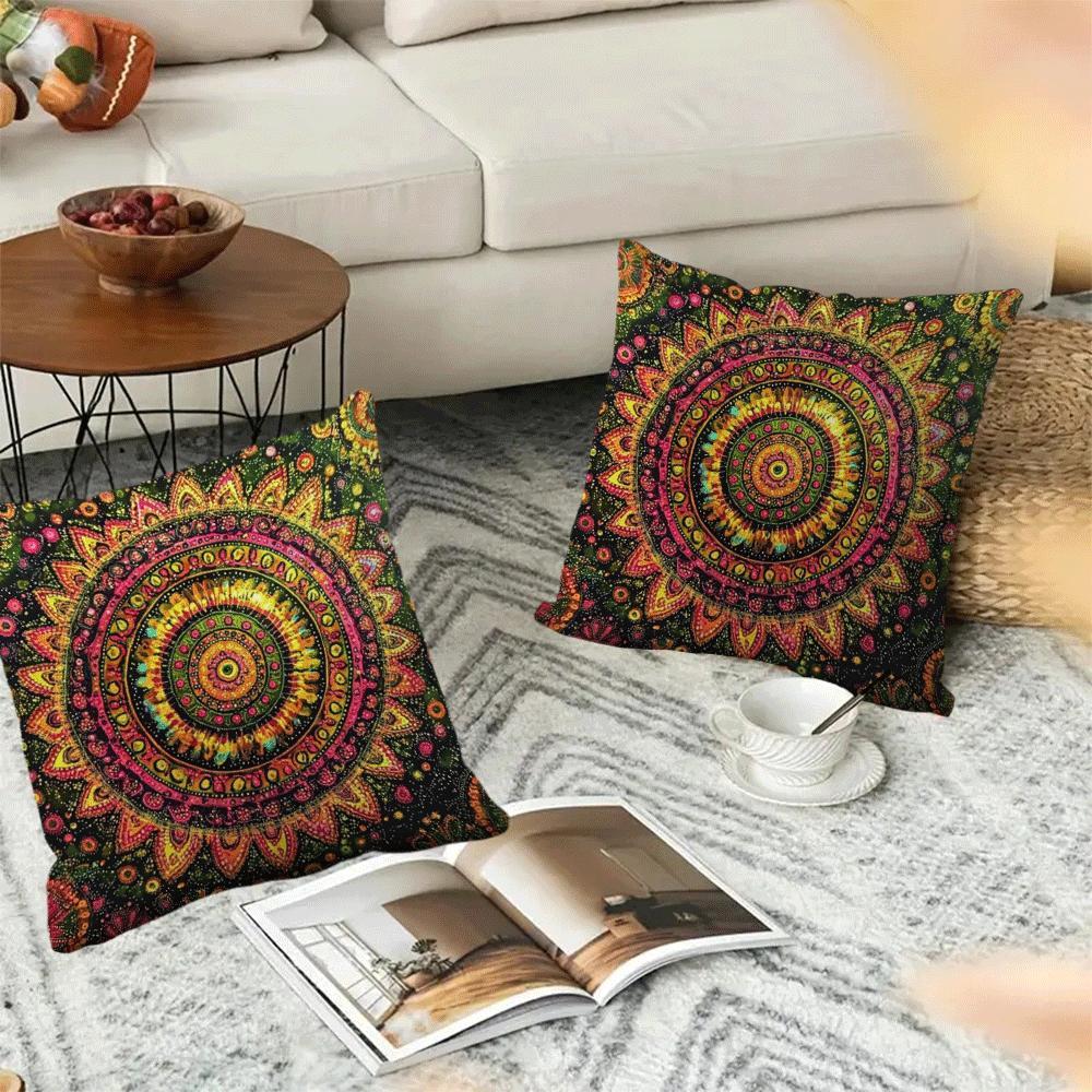 Two Bohemian Mandala Flannel Pillow Covers in a pack, each measuring 45.72x45.72 cm. Featuring an invisible zipper and machine washable design, these decorative cushion cases are suitable for all seasons and boast a modern style. Perfect for back