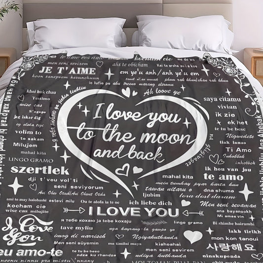 Modern Love-Inspired Throw Blanket - Soft Knitted Polyester Throw for All Seasons Featuring "I Love You to the Moon and Back" Design - Colorful Digital Print Flannel Blanket perfect for Snuggling and Staying Cozy.