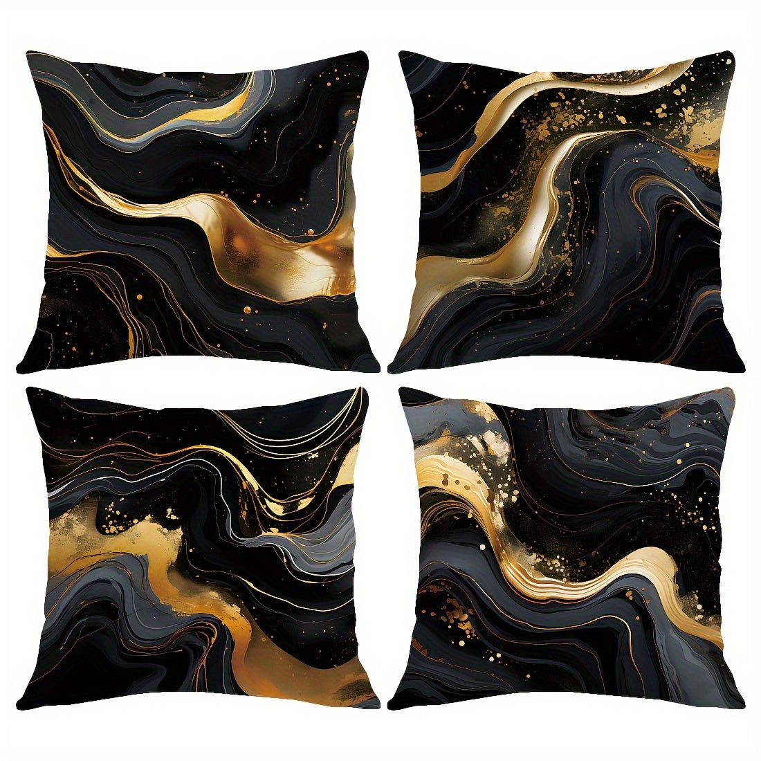 Set of 4 Black and Gold Fluid Painting Pillow Covers, Contemporary Style, 100% Polyester, Home Decoration, 17.71''x17.71''/45cm*45cm