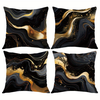 Set of 4 Black and Gold Fluid Painting Pillow Covers, Contemporary Style, 100% Polyester, Home Decoration, 17.71''x17.71''/45cm*45cm