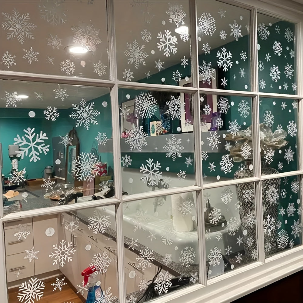 114 Snowflake Window Clings - Easy to Stick, No Power Required, Perfect for Christmas & Winter Décor