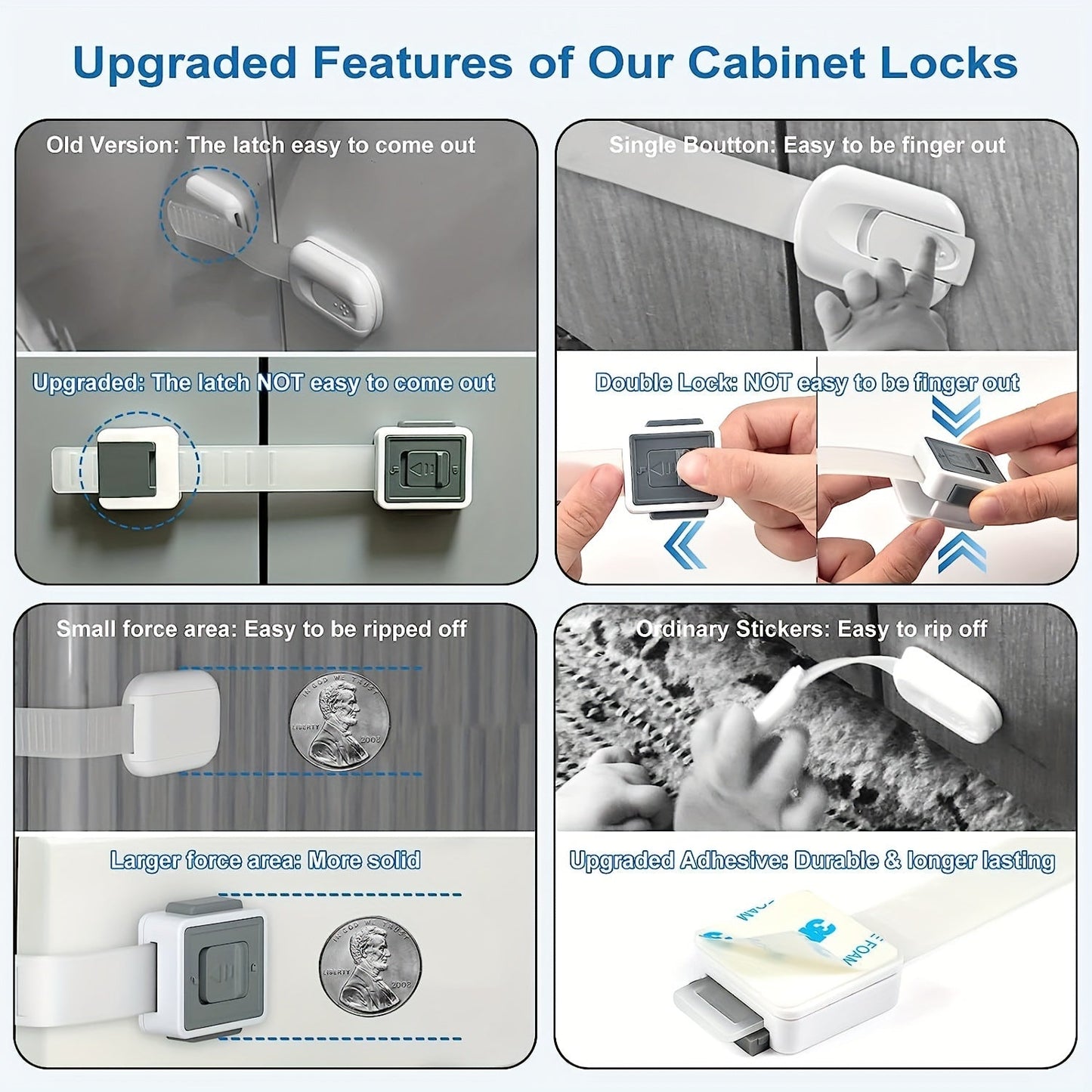 Multifunctional Safety Locks for Children, available in 1 piece, 2 pieces, 5 pieces, or 10 pieces. These locks are designed to prevent pinching and can be adjusted for use on cabinets and drawers. Made from Phthalate-Free Acrylonitrile Butadiene Styrene