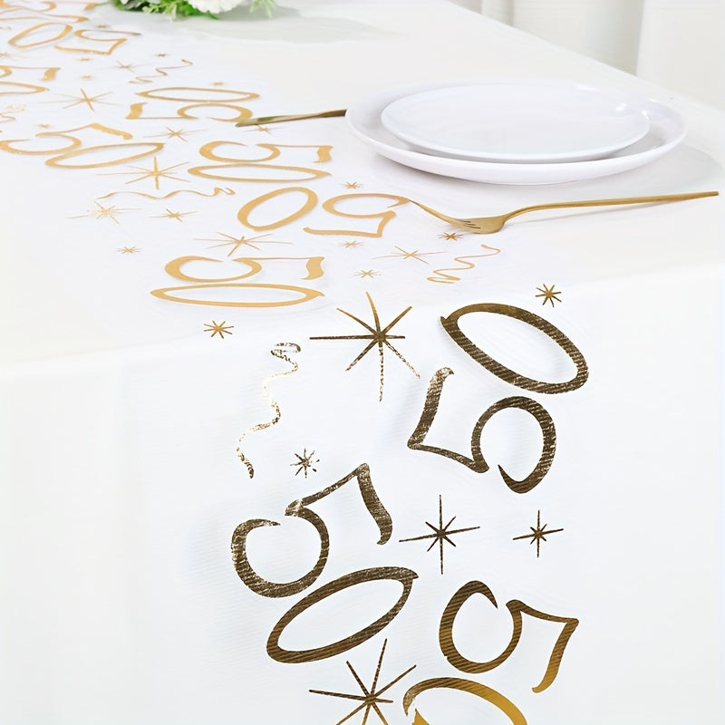 Polyester table runner with golden stamping for milestone celebrations. Perfect for anniversaries, retirement parties, and milestone birthdays. Comes in a rectangular shape.