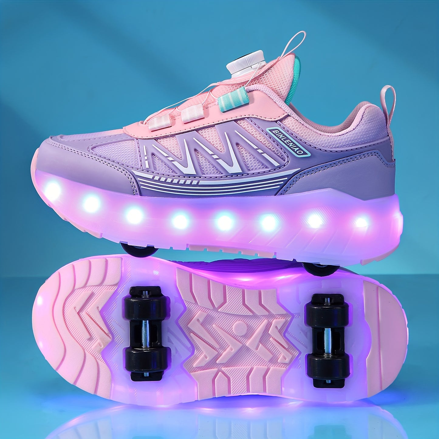 Pink and purple LED light-up skateboard shoes for girls with 8 wheels and 16 flash modes. Breathable and lightweight, with fabric lining, EVA sole, and rotary buckle closure. Suitable for