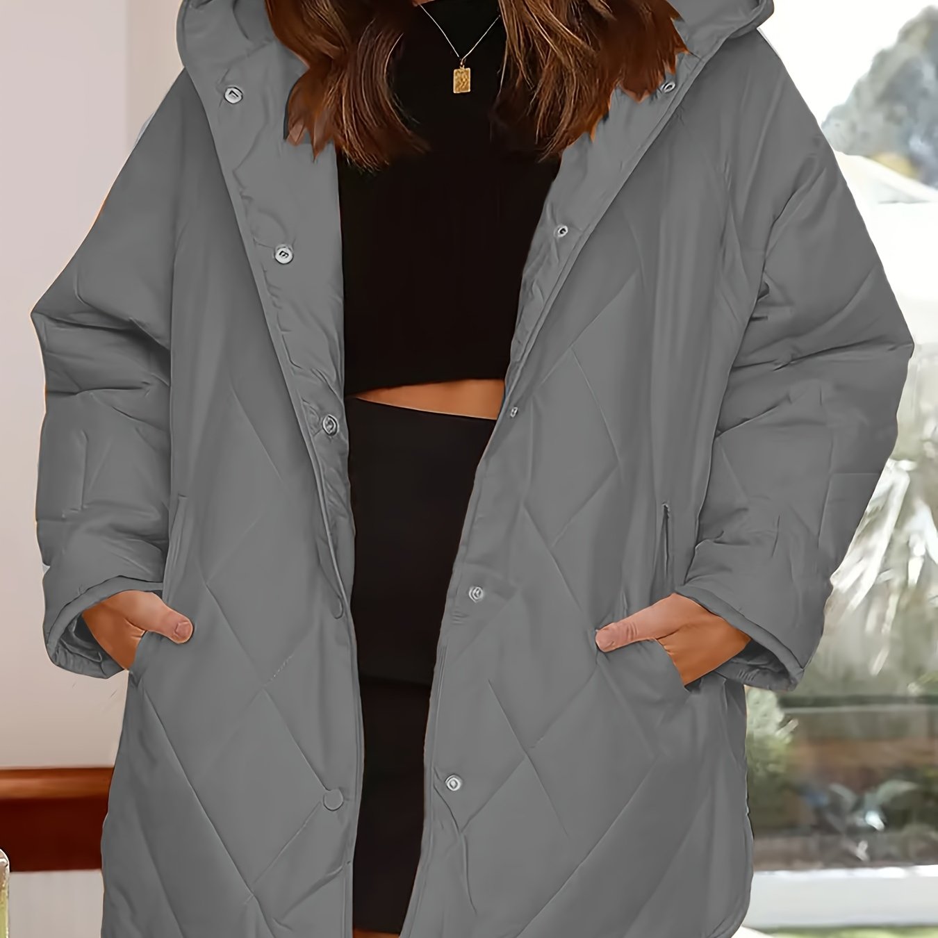 Women's Winter Coat in Large Size with Rhombus Grid Design