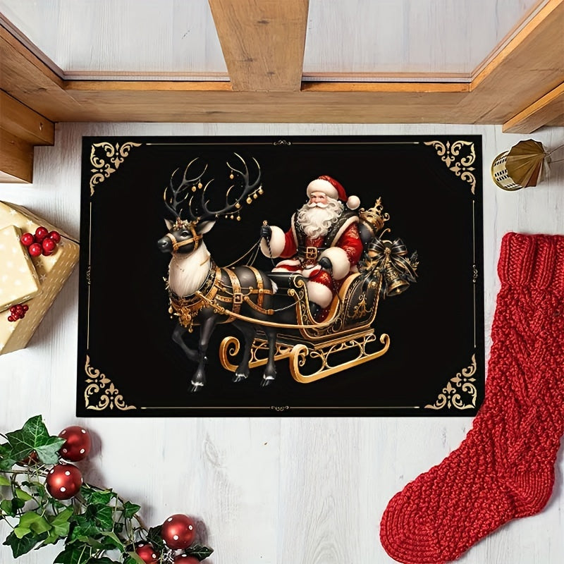 Get in the holiday spirit with our Merry Christmas Welcome Doormat! This 6mm thick mat is non-slip and machine washable, featuring a black and golden elk design that is perfect for adding a festive touch to your home decor. Ideal for Christmas