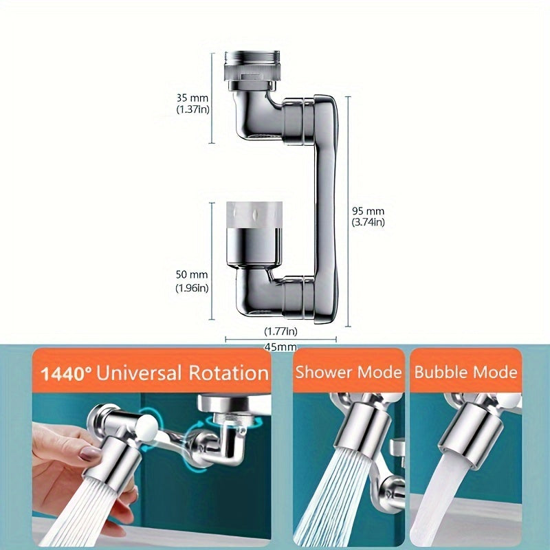 Silver Universal Rotary Faucet Nozzle saves water, extends kitchen faucets, fits washbasins, and improves home sink functionality - a perfect gift for any household.