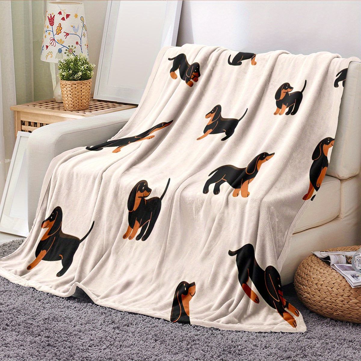 Bohemian Style Dachshund Print Flannel Throw Blanket - Lightweight, Soft and Cozy, All-Season Use, Knitted Polyester Material, Digital Print Design, Quilted Pattern, Hypoallergenic - Hand Wash Only, 250-300gsm