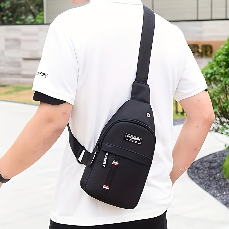 Black men's Oxford sling bag with adjustable strap, multiple compartments, and casual sports style for outdoor travel.