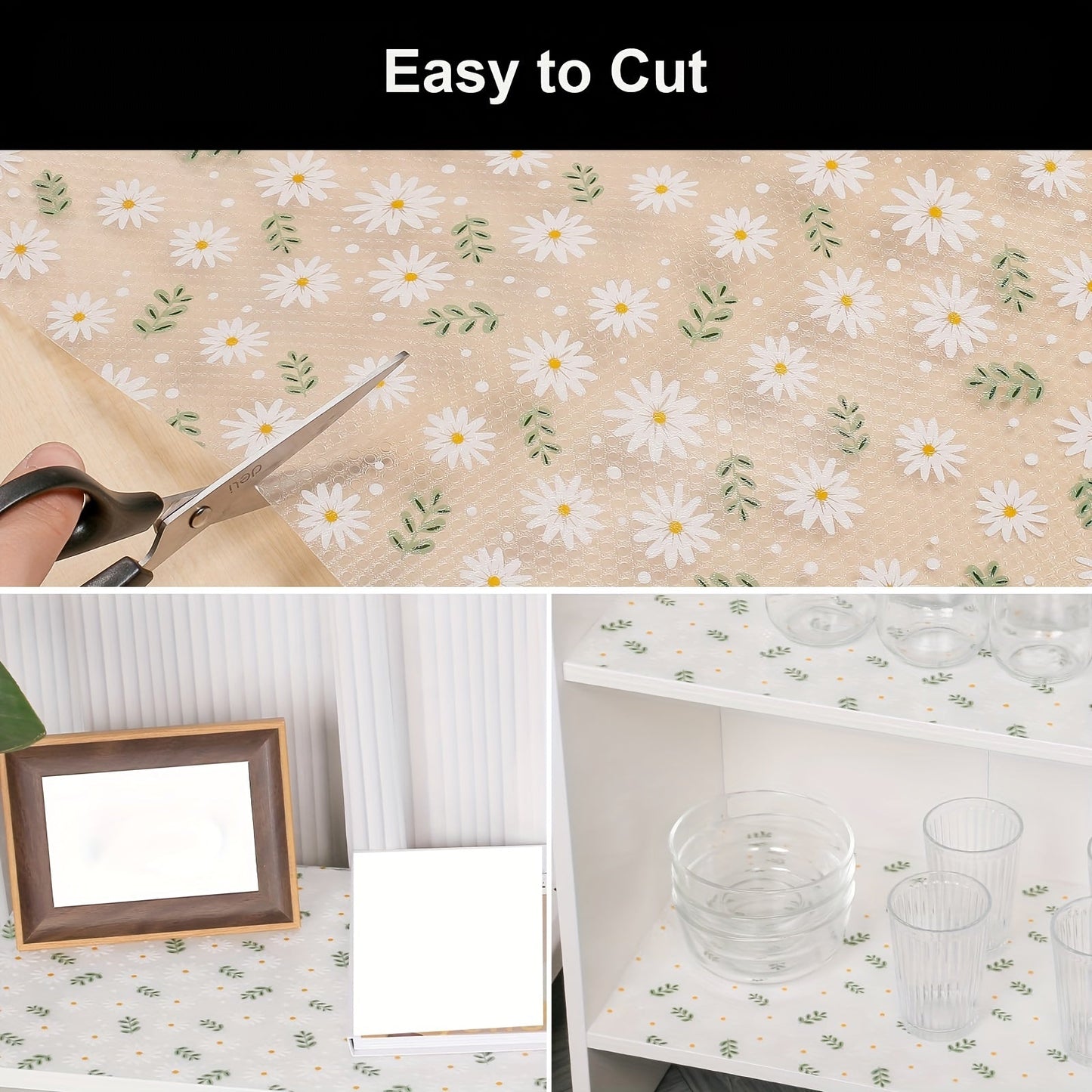 Green Daisy Pattern Shelf Liner - Waterproof Non-Slip Cabinet Liner for Kitchen Organization and Storage