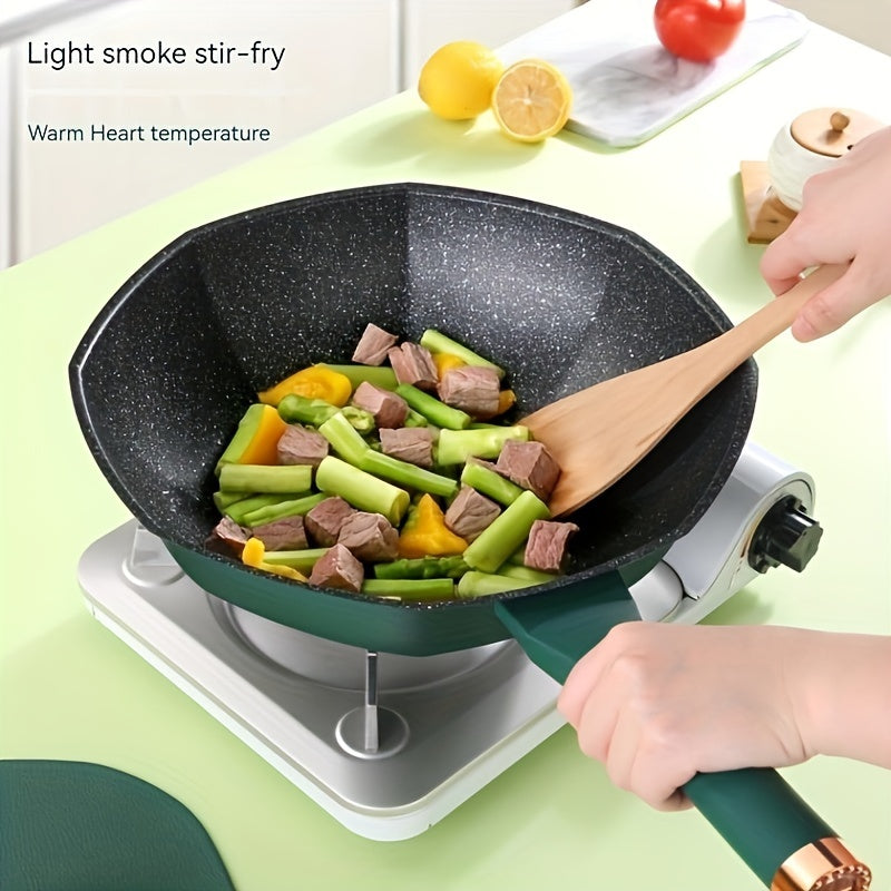 "Wheat Straw Stone Coated Octagonal Non Stick Pan - 1 Piece measuring 34CM. Features a flat bottom design suitable for low oil frying. Compatible with induction cookers and gas stoves. Perfect for use in households as a versatile kitchen cookware supply.