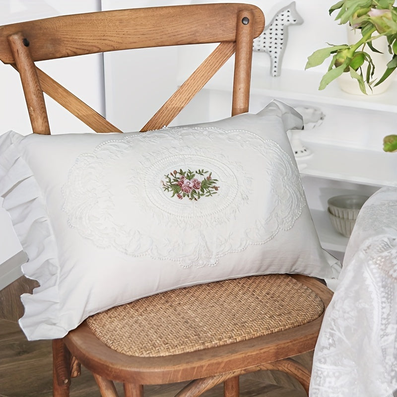 Rustic embroidery pillow case with French ruffle, for living room or bedroom decor. No pillow insert, available in 18"x18" or 12"x20" sizes.